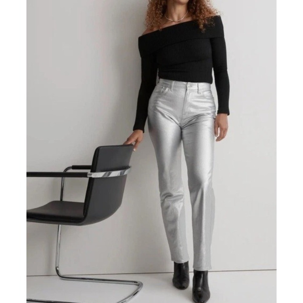 Madewell 90s Straight High Rise Metallic Silver Jeans DM7654 Womens 28